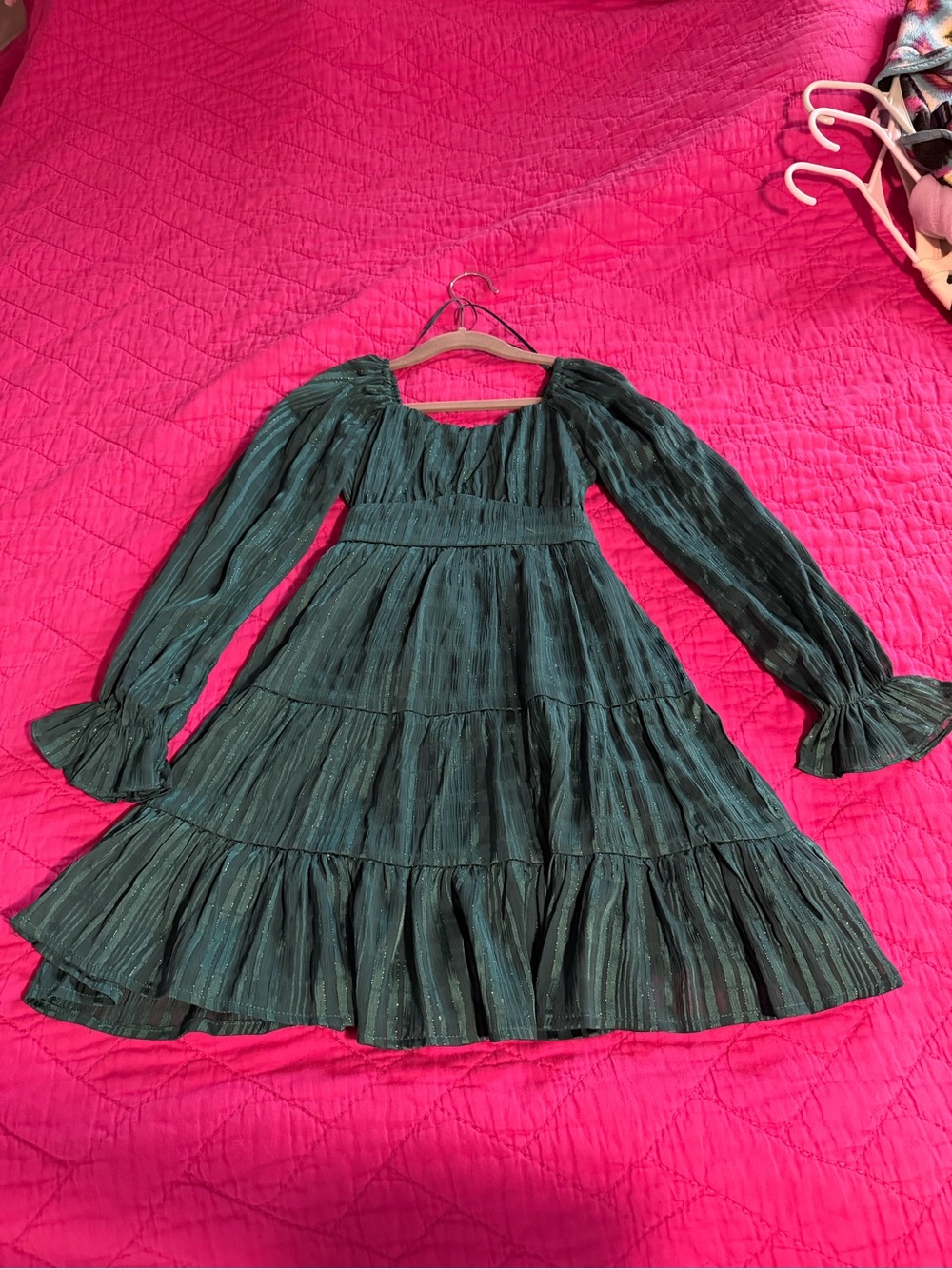 Girls' Emerald Green Long Sleeve Tiered Holiday Dress